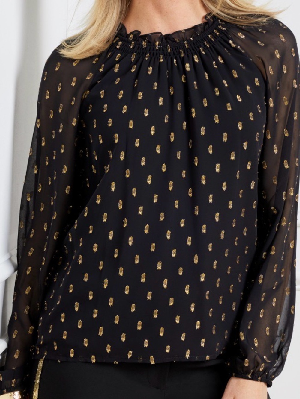 Talbots Black Gold Metallic Clip Dot Sheer Blouse M Long Sleeve Holiday Party